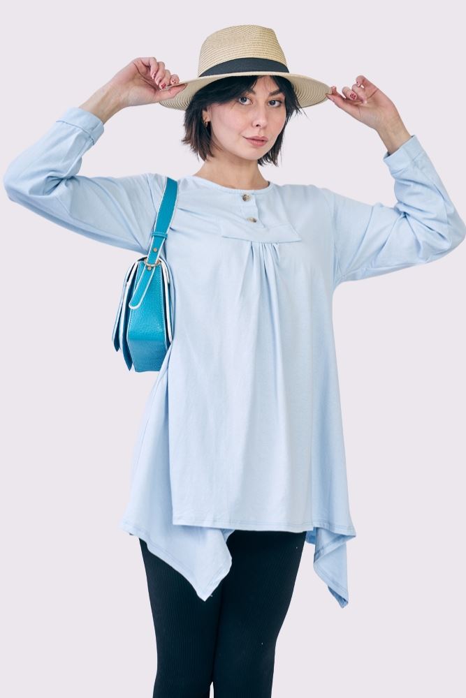 Plain Front Button Detail Hanky Hem Cotton Top