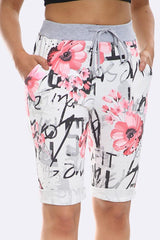 Italian Writting Floral Print Drawstring 3/4 Trouser