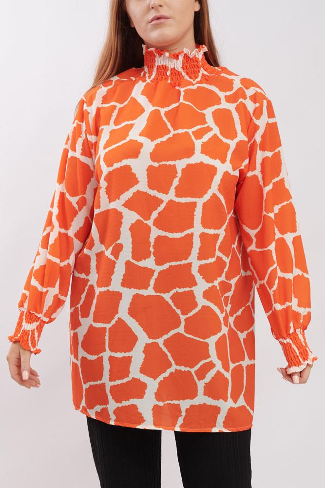 Giraffe Print Shirred Cuff Top