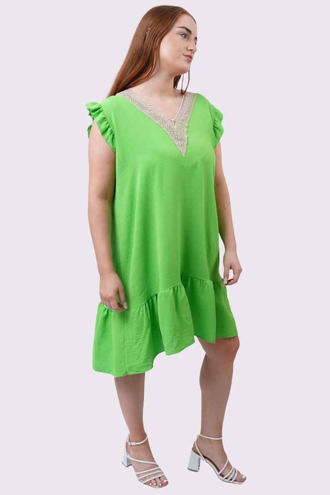 Plain Embroidered Neck Flared Hem Dress