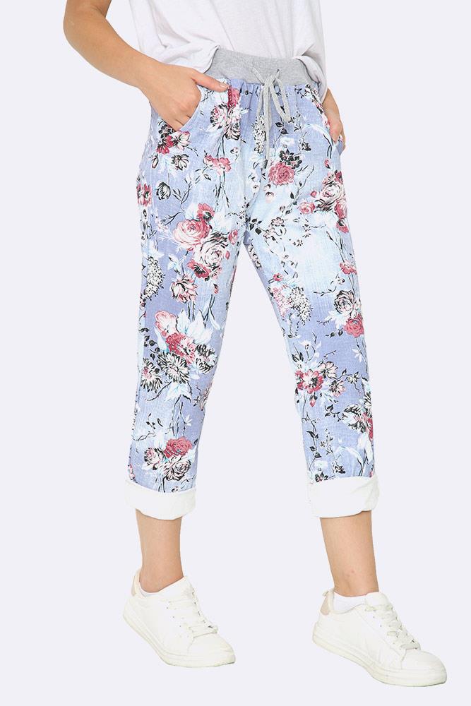 Cotton Floral Print Foldover Hem Trouser