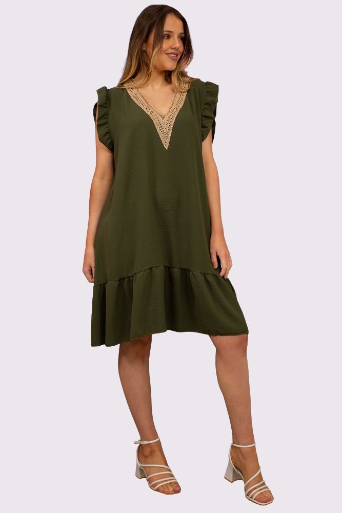 Plain Embroidered Neck Flared Hem Dress