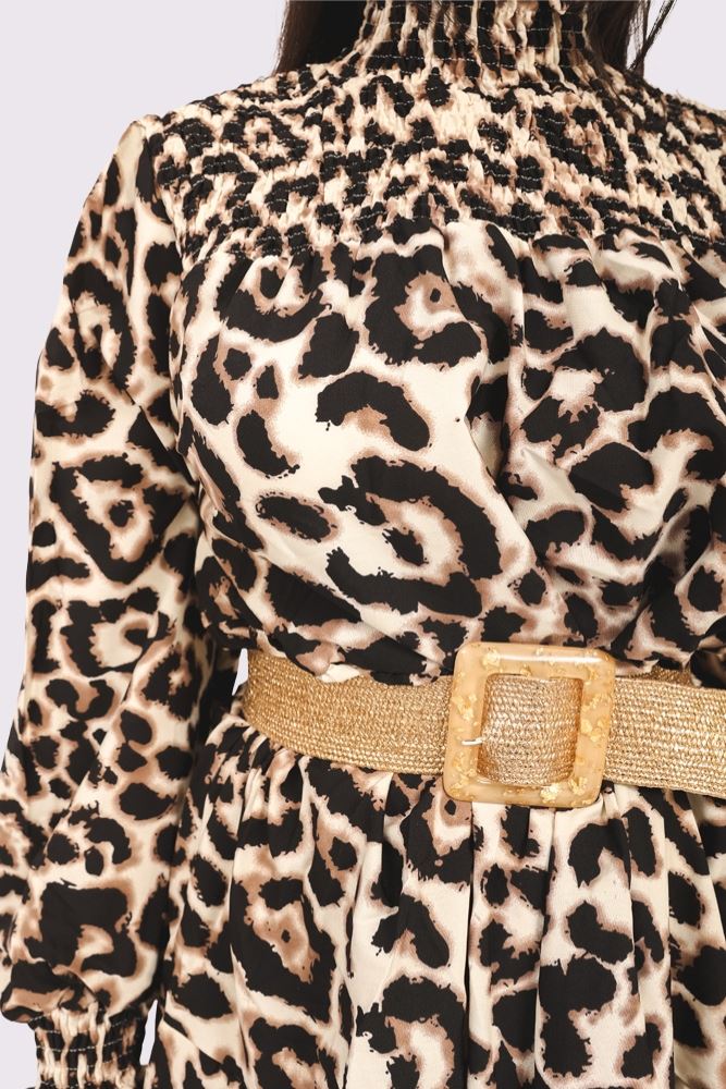 Leopard Print Oversized Shirred Neck Top