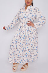 Blue Rose Print Ruffle Belted Dress