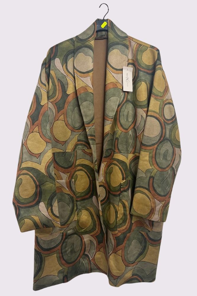 Retro Print Faux Suede Large Pockets Oversized Jacket