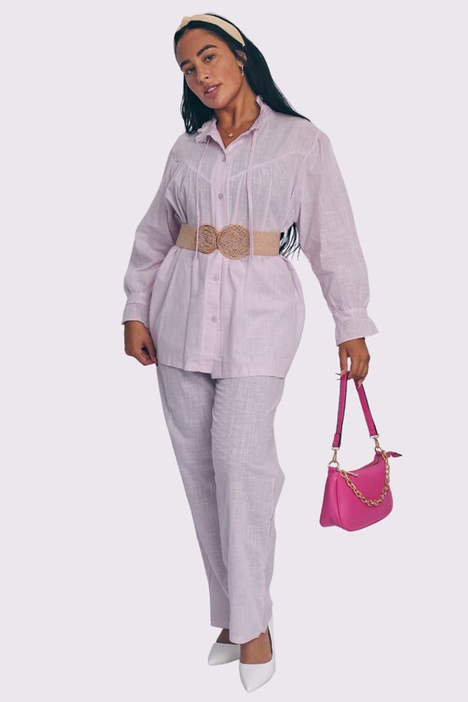 Plain Collar Button Up Cotton Co-Ord Set