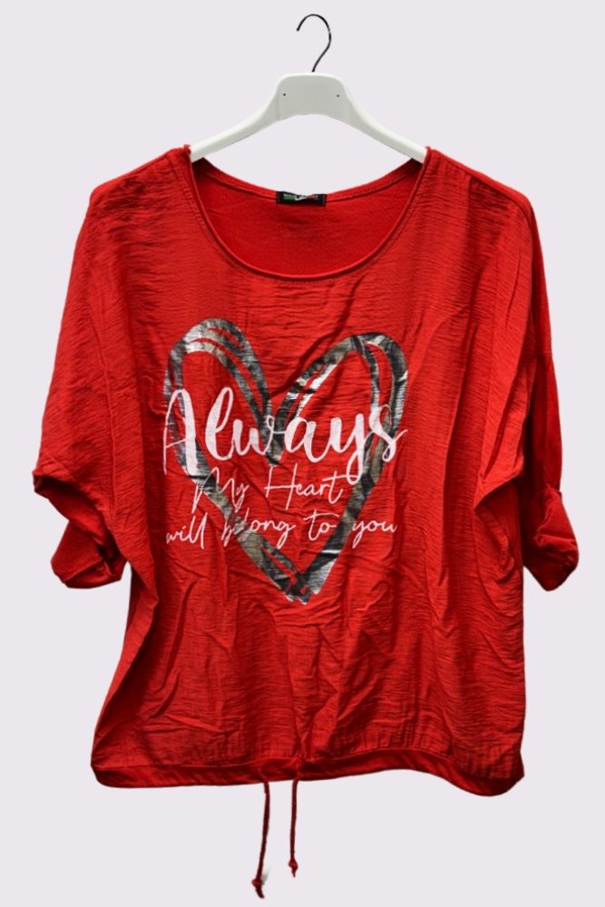 Alphabet Heart Print Drawstring Hem Cotton Top