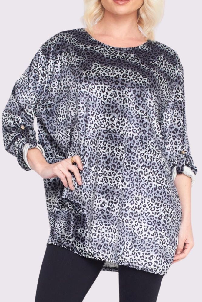 Buy Animal Print Button Up Sleeve Dip Hem Top in Bulk