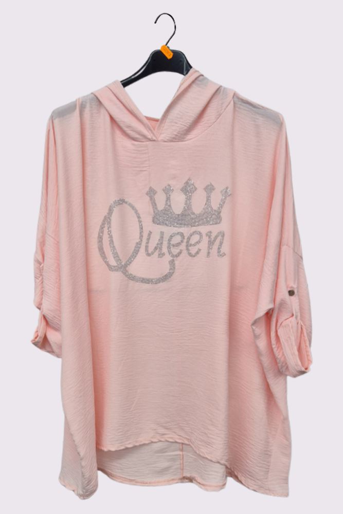 Diamante Queen Print Oversized Diphem Hooded Top