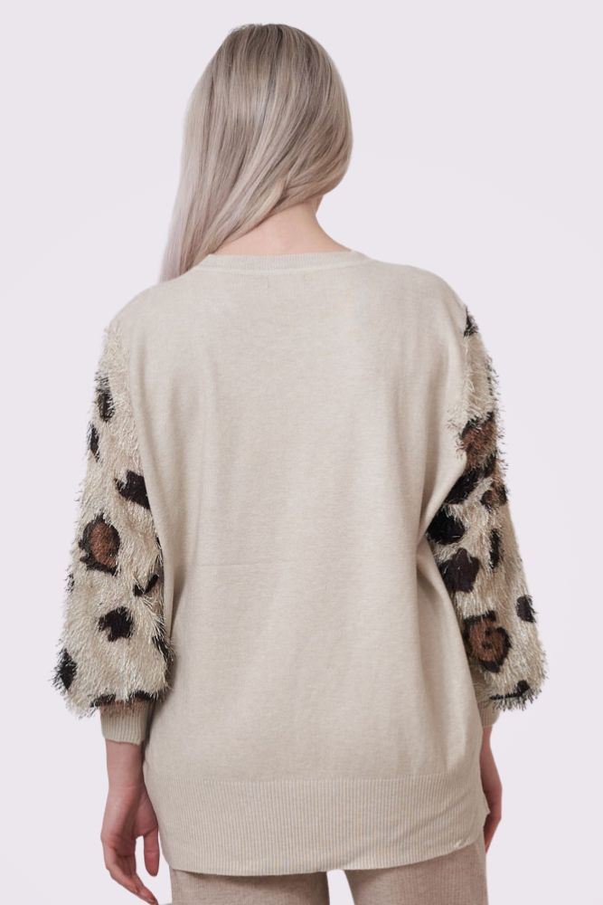 Diamante Pattern Leopard Faux Fur Soft Knit Jumper