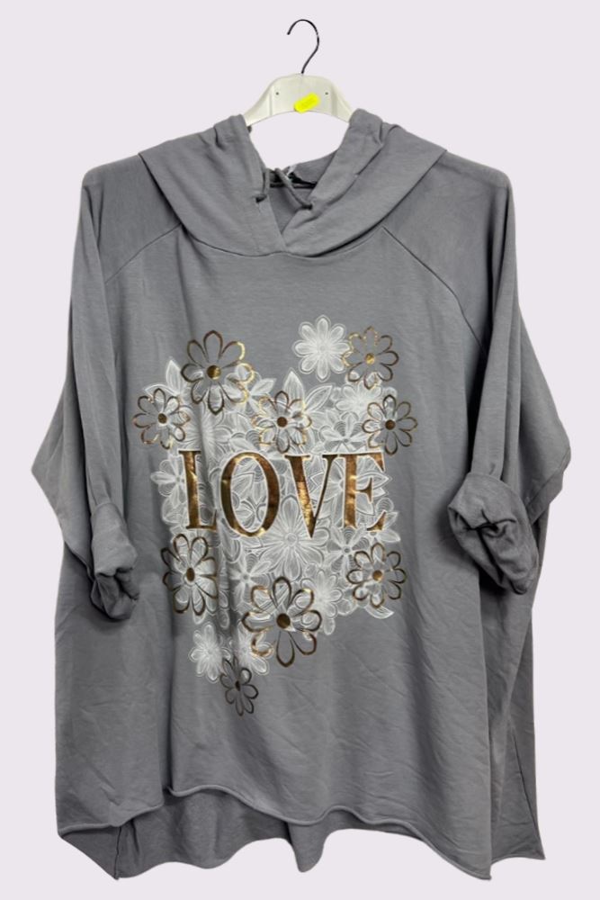 Love Flower Foil Print String Hoody High Low Hem Cotton Hoodie