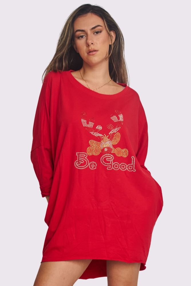 Rudolph Be Good Rhinestone Detail Oversized Side Pockets DipHem Cotton Top