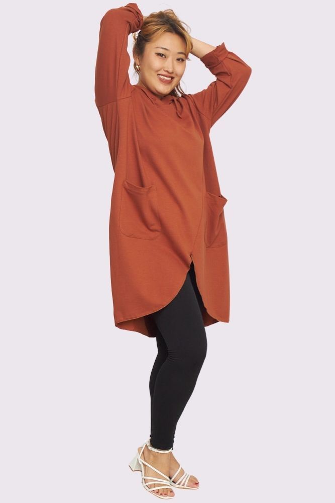 Oversized Front Pockets Cut Out Hem Cotton Hooded Top