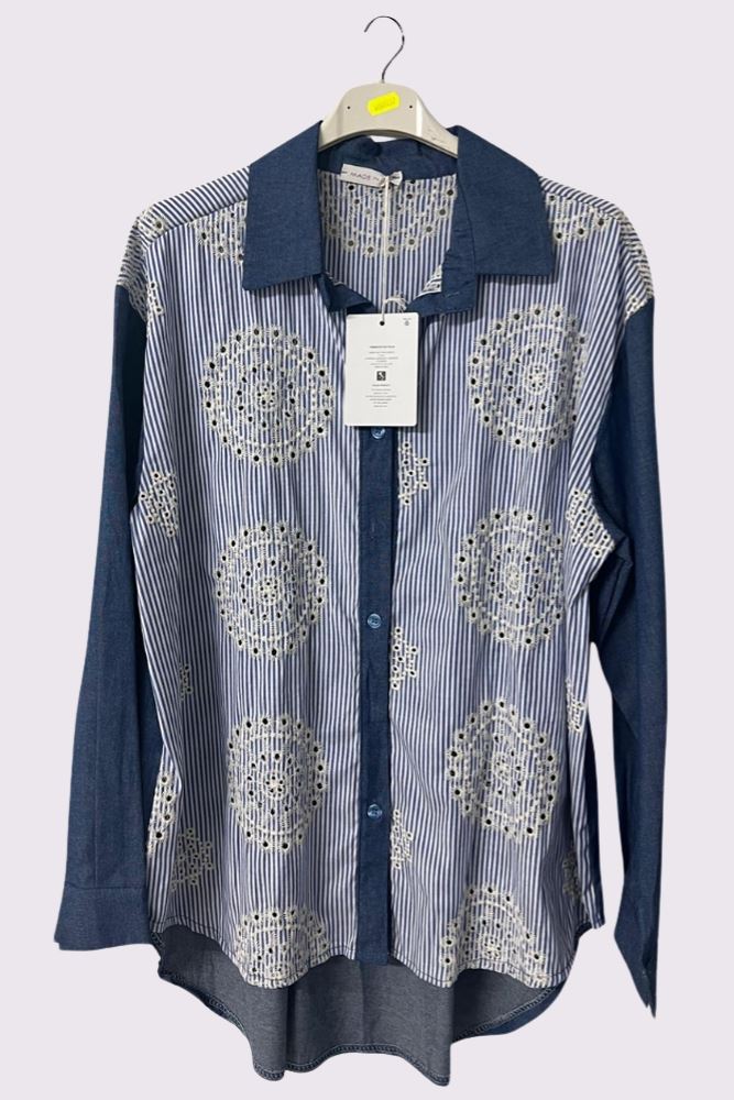 Embroidered Mandala Stripe Print High Low Hem Cotton Shirt