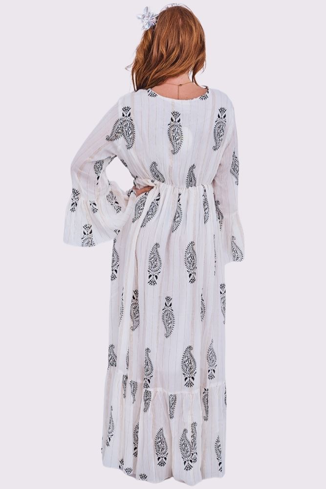 Paisley Print Round Neckline with Keyhole Tassel String Dress