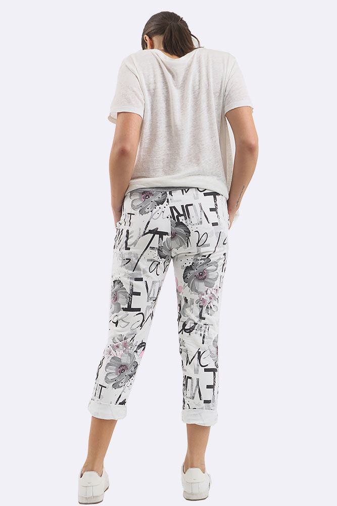 Cotton Floral Printed Drawstring Foldover Hem Trouser