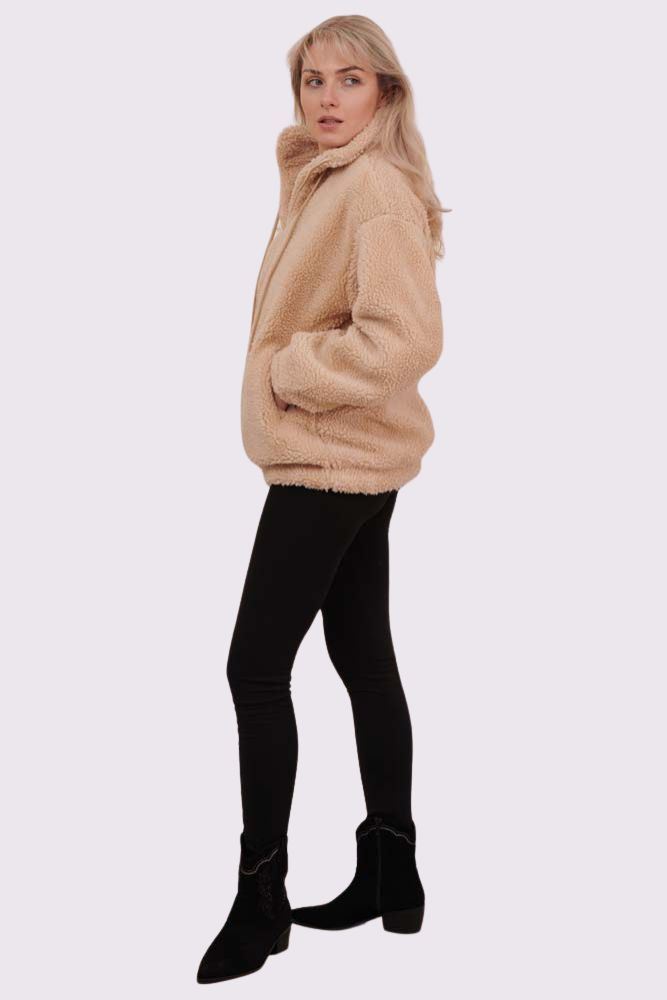 Plain Zip Up Fux Fur Drawstring Jacket