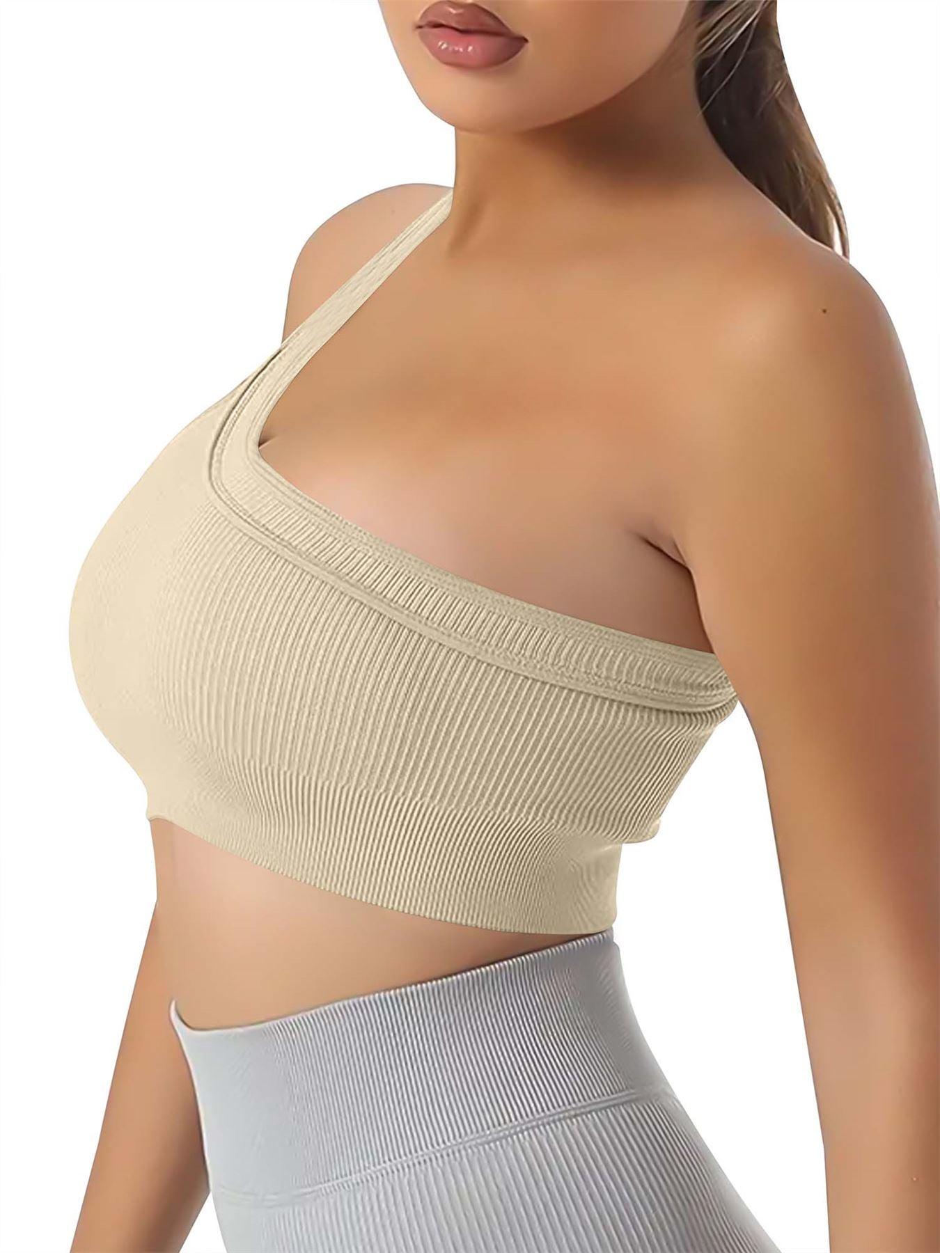 Plain One Shoulder Seamless Ribbed Nylon Bra