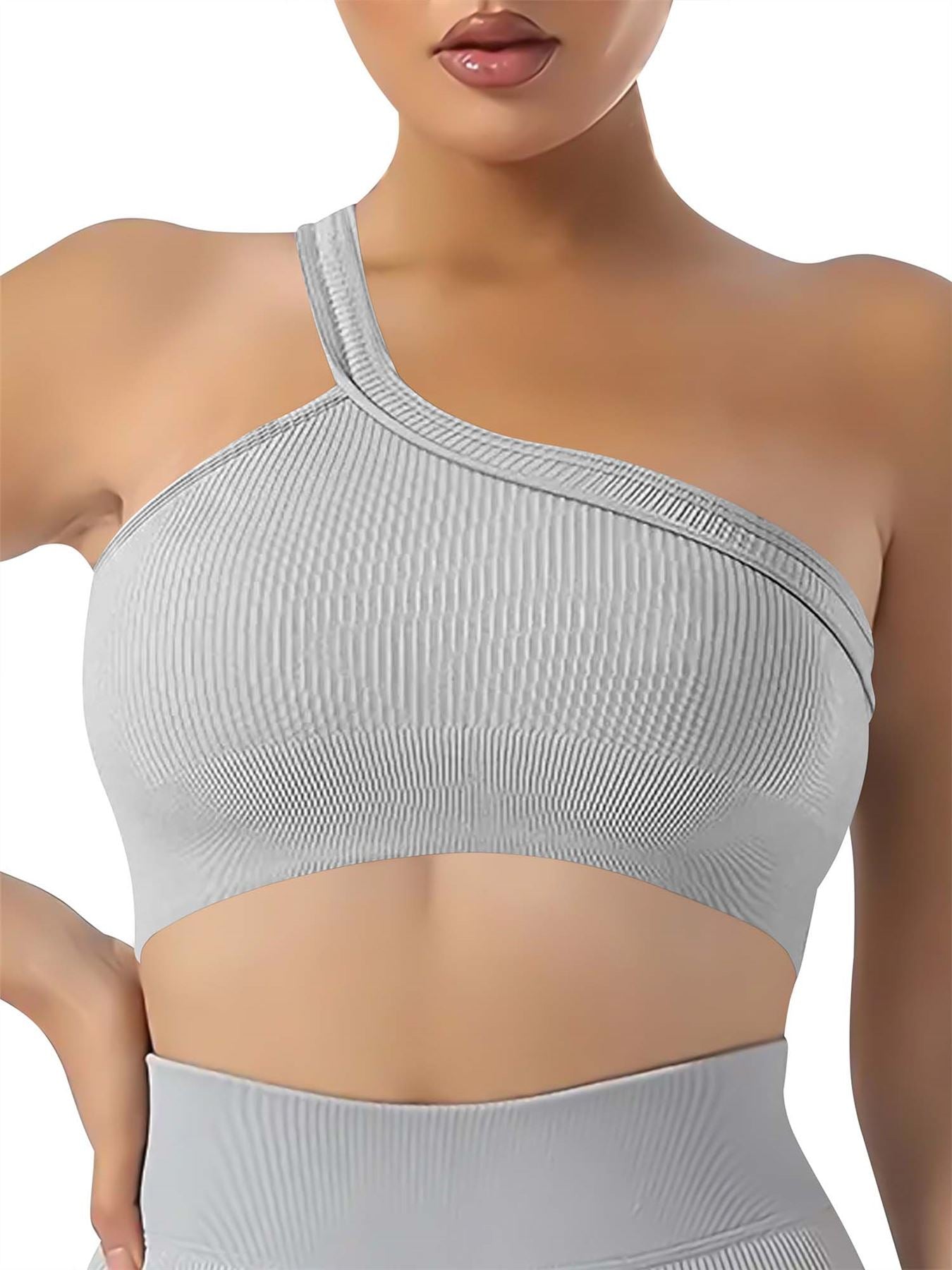 Plain One Shoulder Seamless Ribbed Nylon Bra