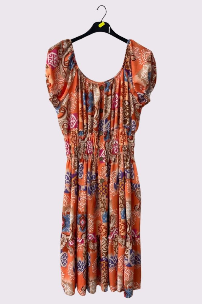 Paisley Print Shirred Waist Dress