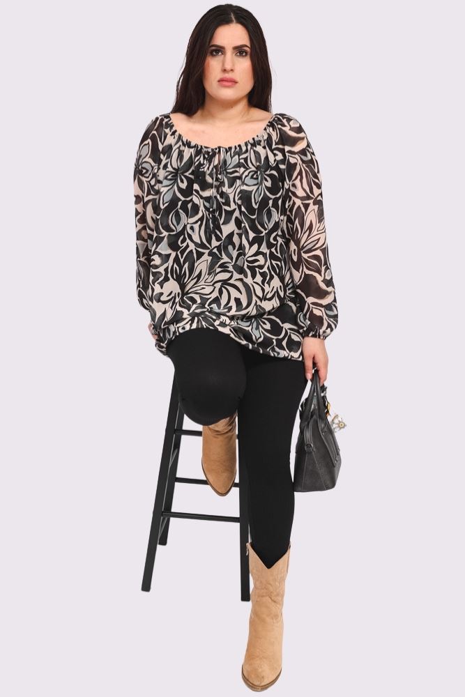 Flower Print Drawstring Neck Tunic Top