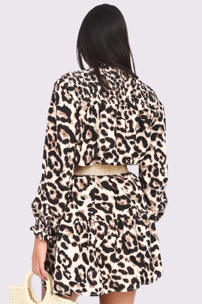 Leopard Print Oversized Shirred Neck Top