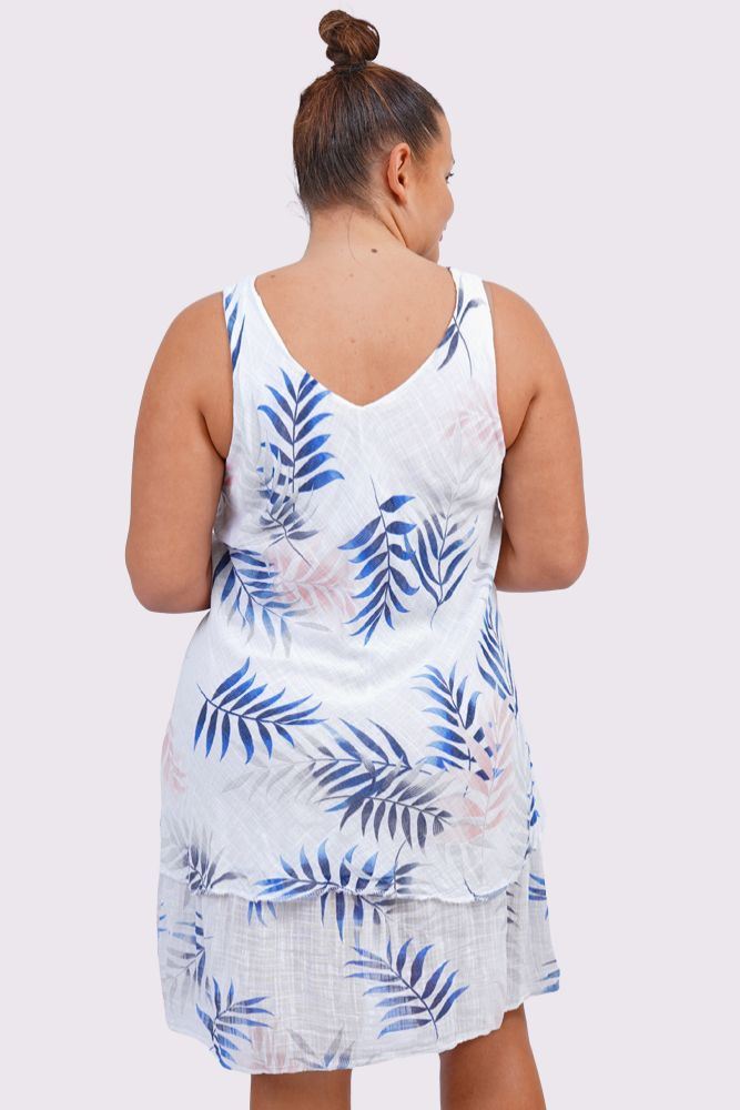 Tropical Leaves Print Layered Hem Cotton Dress