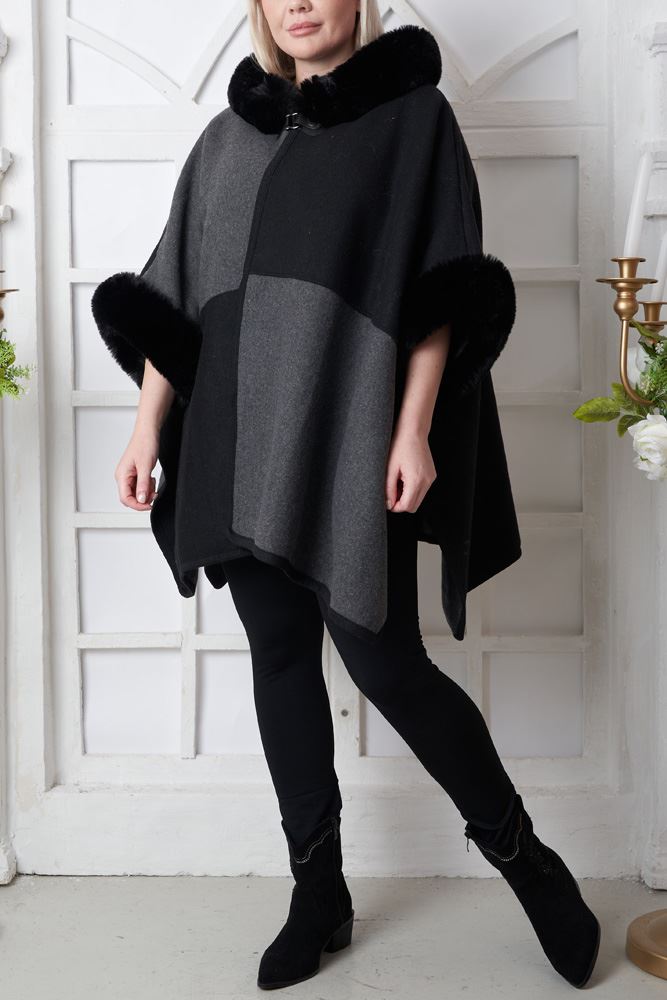 Plain Trim Faux Fur Hooded Poncho