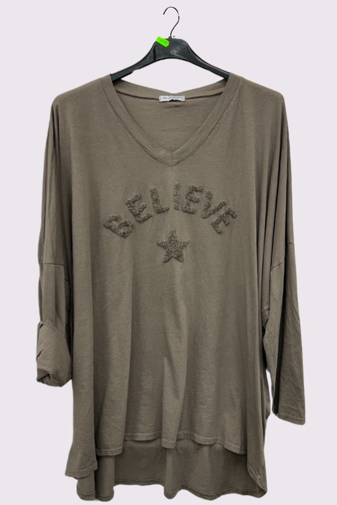 Believe' Star Embroidered Long-Sleeve Top