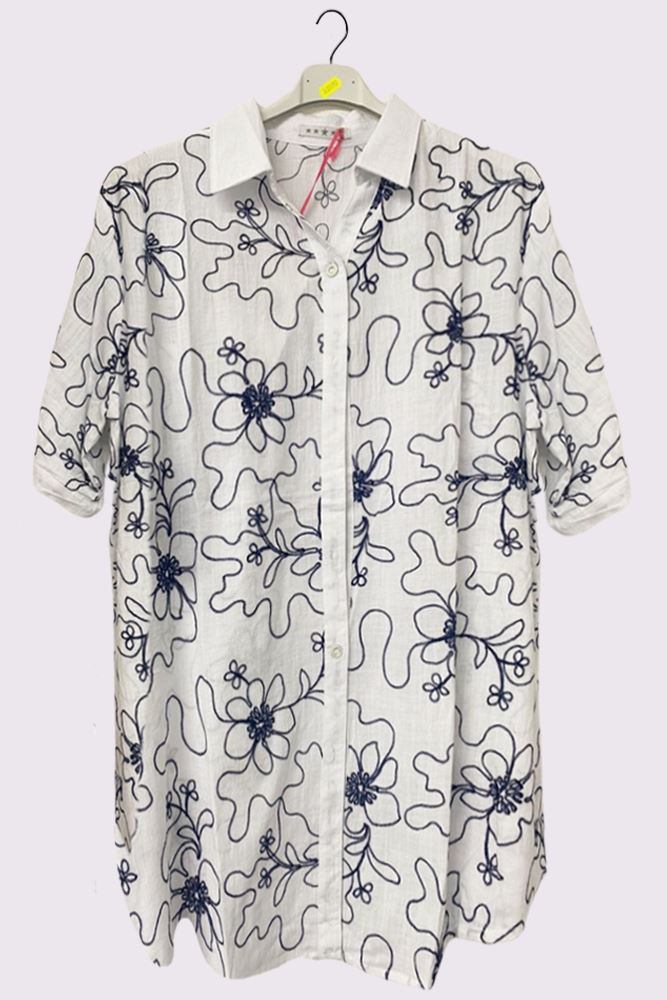 Embroidered Floral Pattern Button Up Cotton Shirt