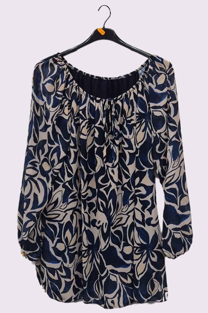 Flower Print Drawstring Neck Tunic Top