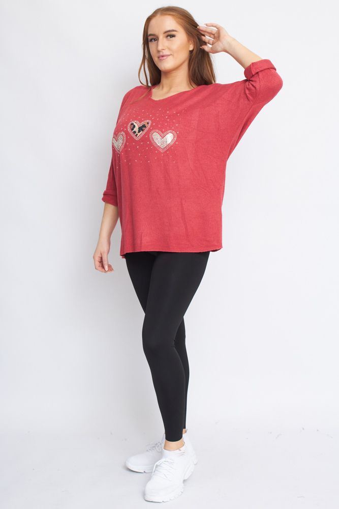 3 Heart Diamante Detail Soft Knit Ribbed Style Top