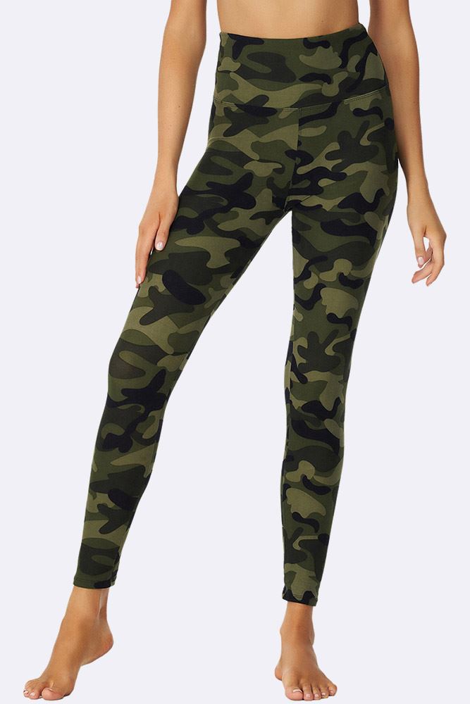 Army Green Camouflage Print Gym Pocket Leggings