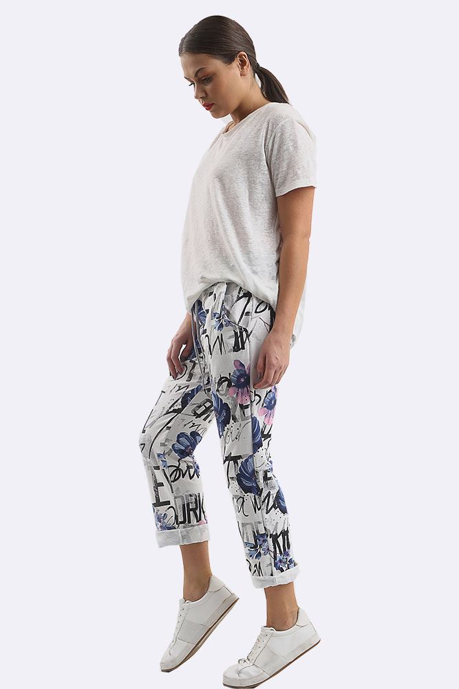 Cotton Floral Printed Drawstring Foldover Hem Trouser