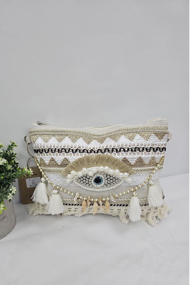 Embroidered Eye Detail Tassel Shoulder Bag