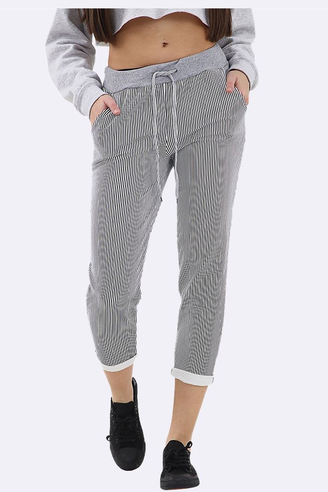 Cotton Stripe Print Foldover Hem Lined Trouser