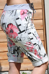 Italian Writting Floral Print Drawstring 3/4 Trouser