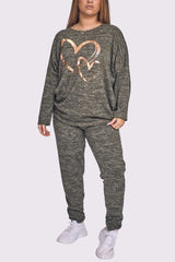 Marl Pattern Foil Print Elastic Waist Rose Gold Foil Heart Print Loungewear