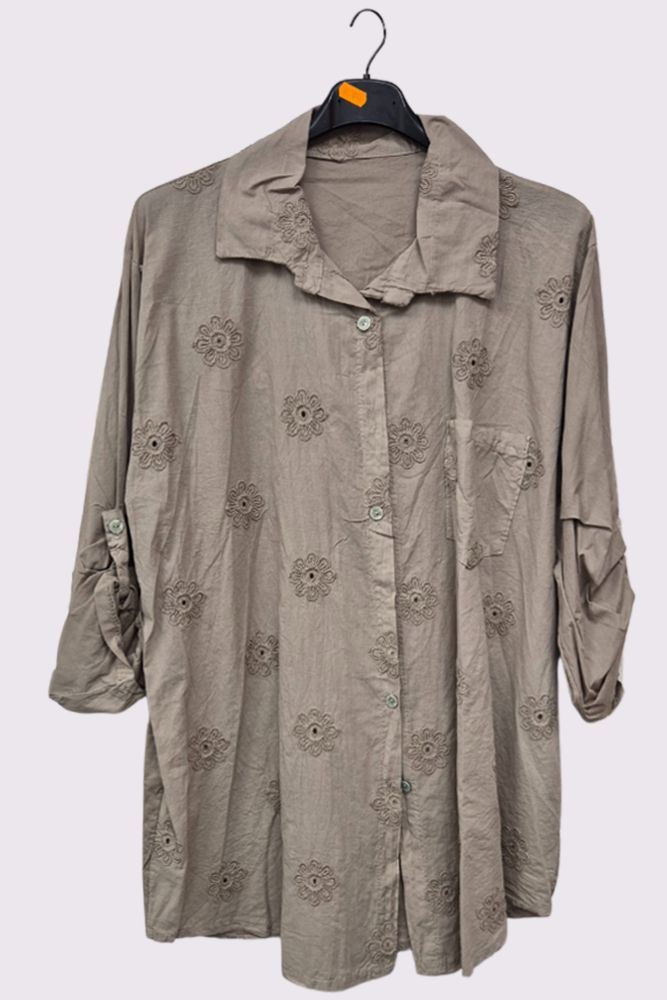 Floral Embroidered Pattern Front Pocket Cotton Shirt