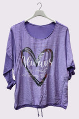 Alphabet Heart Print Drawstring Hem Cotton Top