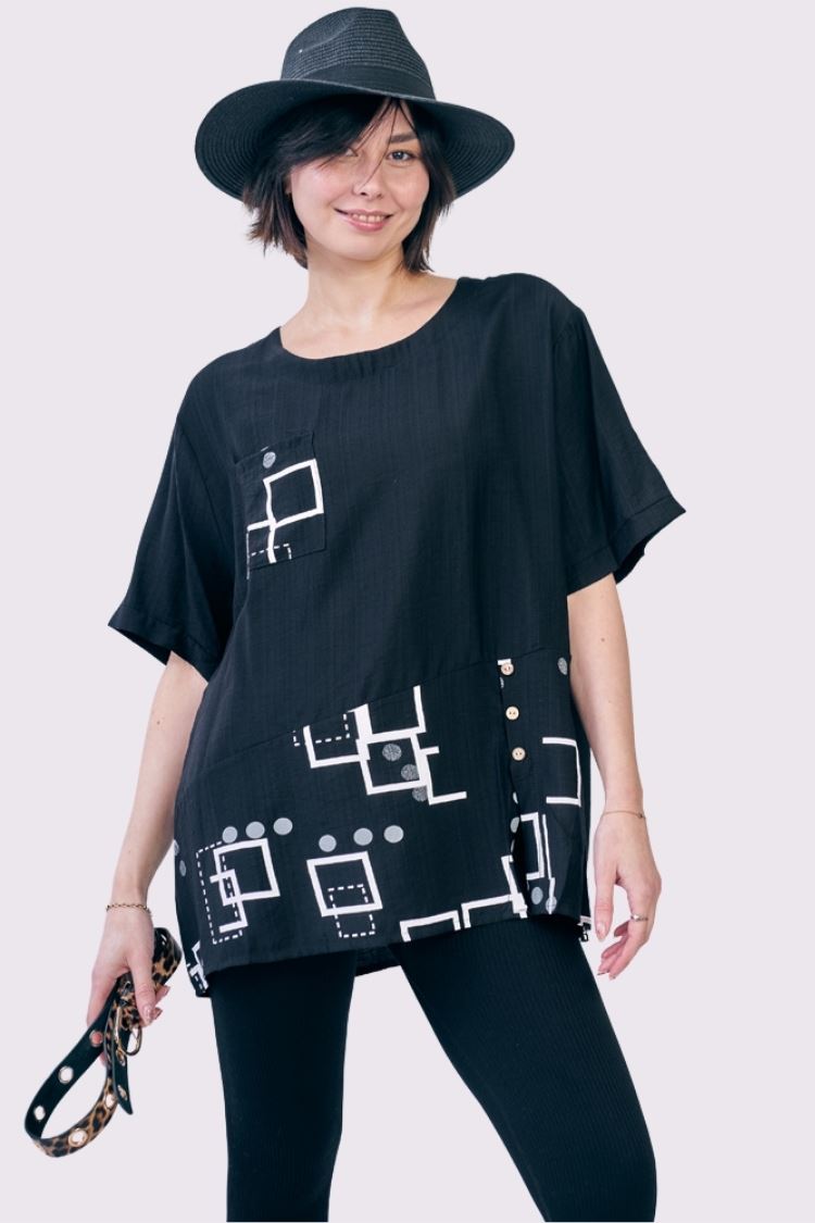 Abstract Print Panelled Button Detail Pocket Cotton Top