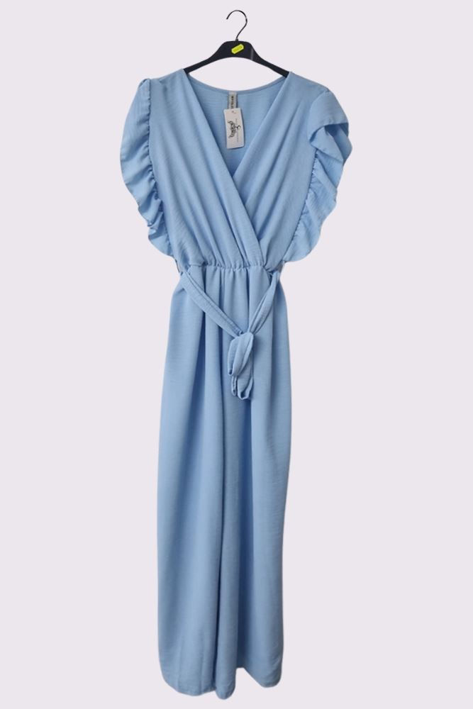 Plain Ruffle Sleeve Wrapover Belted Jumpsuit