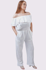 Plain Ruffle Trim Shirred Waist Jumpsuit