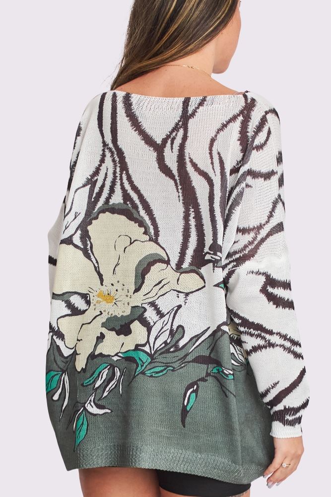 Tropical Flower Print Knit Style Oversized Top