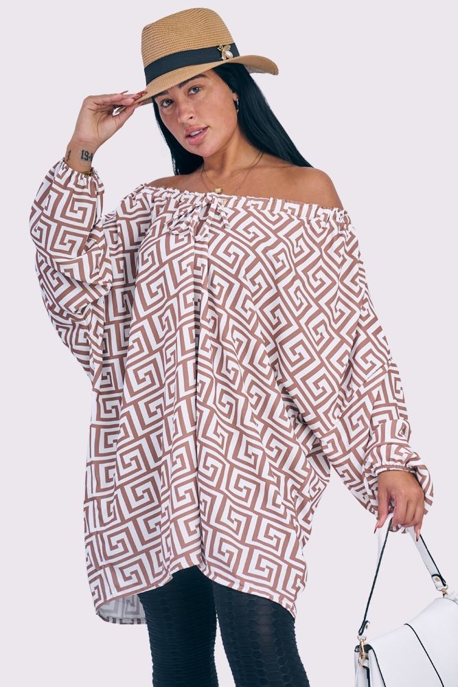 Greek Key Oversized Drawstring Neckline Top