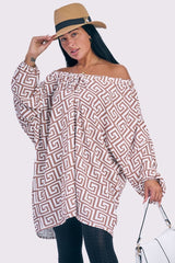 Greek Key Print Oversized Drawstring Neckline Top