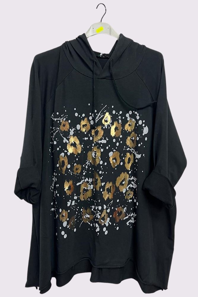 Leopard Foil Splash Print String Hoody High Low Hem Cotton Hoodie