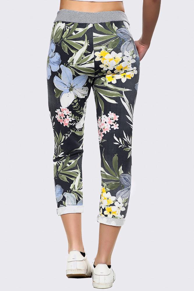 Cotton Leaf Print Foldover Hem Trouser