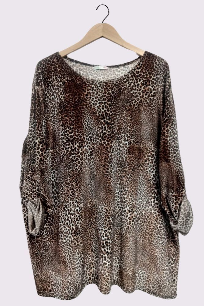 Buy Animal Print Button Up Sleeve Dip Hem Top in Bulk