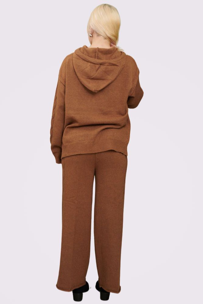 Cable Knit Pattern Hoodie Wide Leg Knit Co-Ord